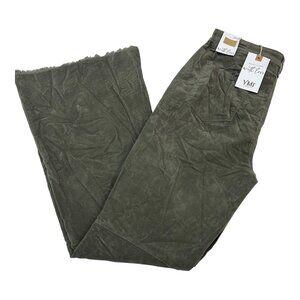 YMI Pants Women 15 Green Corduroy Wide Leg High Rise Flare Raw Hem Boho Hippie